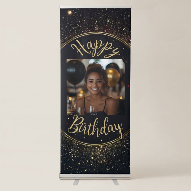 Black & Faux Gold Birthday  Retractable Banner (Front)