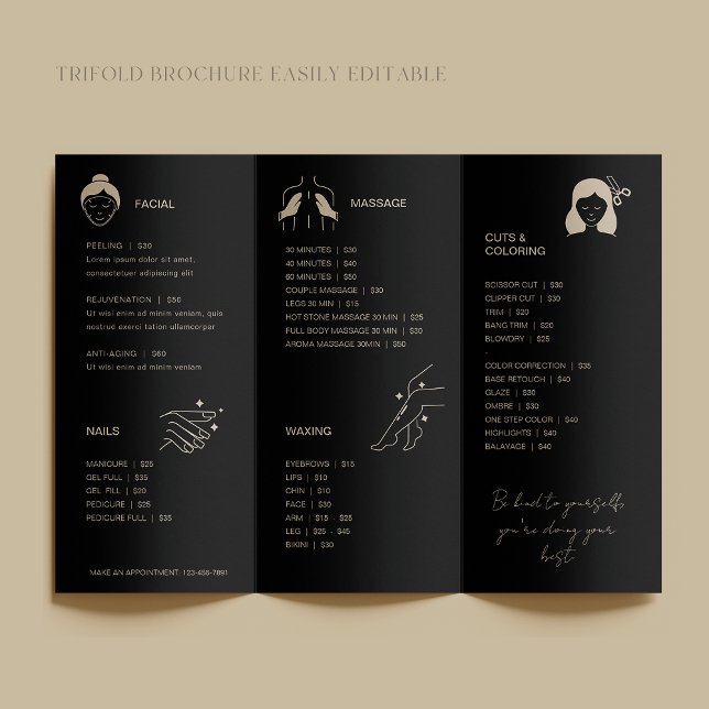 Black & Faux Gold Brush Stroke Salon Trifold Brochure (Creator Uploaded)