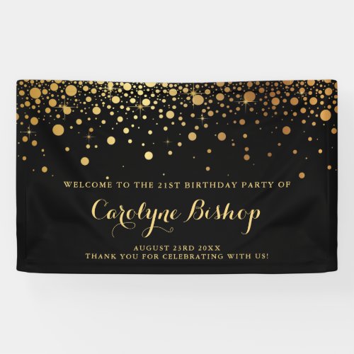 Black  Faux Gold Confetti Birthday Party Banner