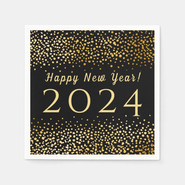 Black Faux Gold Confetti Happy New Year 2019 Napkins (Front)