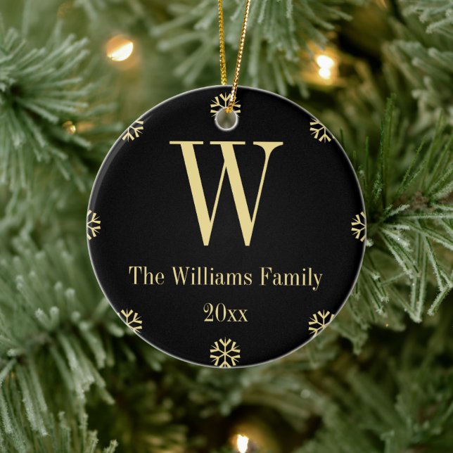 Black Faux Gold Custom Monogram Name Christmas Ceramic Ornament (Tree)
