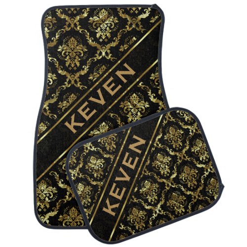 Black  Faux Gold Floral Damasks Monogramed Car Mat