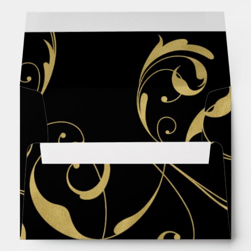 Black  Faux Gold Floral Swirl Elegant Wedding Envelope