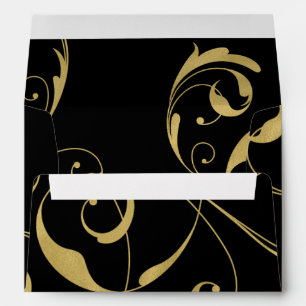 Black & Faux Gold Floral Swirl Elegant Wedding Envelope