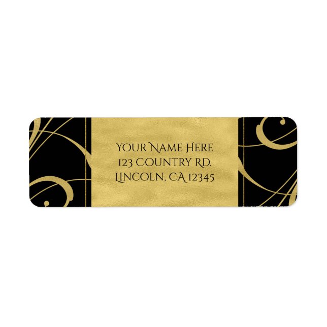Black & Faux Gold Floral Swirl Elegant Wedding Label (Front)