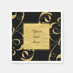 Black & Faux Gold Floral Swirl Elegant Wedding Napkins