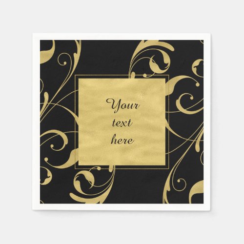 Black  Faux Gold Floral Swirl Elegant Wedding Napkins