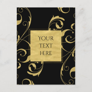 Black & Faux Gold Floral Swirl Elegant Wedding Postcard
