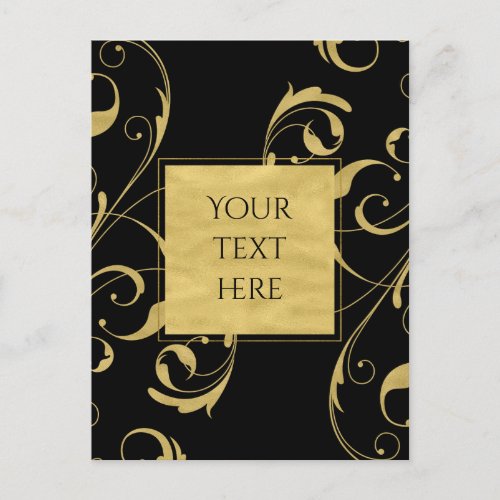 Black  Faux Gold Floral Swirl Elegant Wedding Postcard