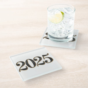 Black Faux Gold Foil 2025 Year Glass Coaster