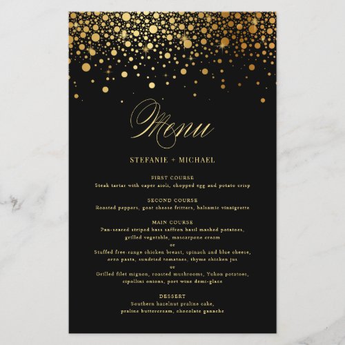 Black Faux Gold Foil Confetti Wedding Menu Card