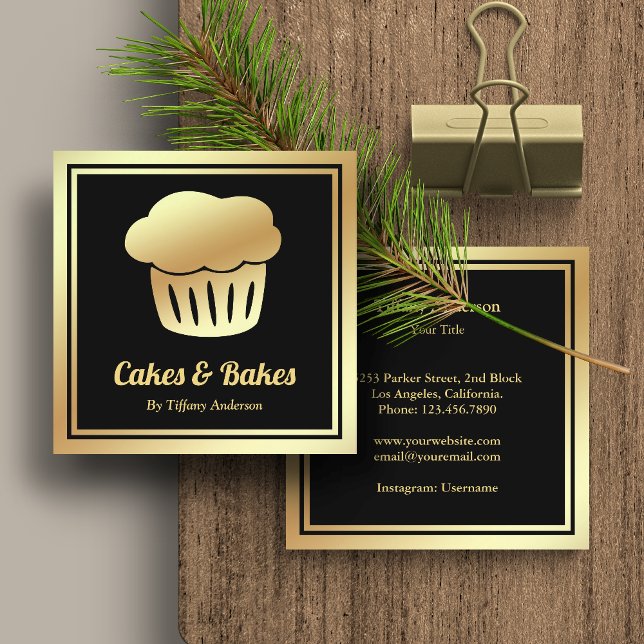 Black Faux Gold Foil Homemade Cupcake Bakery Square Business Card (Creator Uploaded)