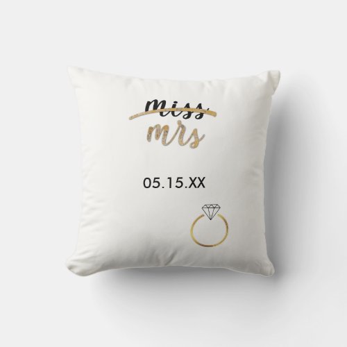 Black  Faux Gold Foil Miss Mrs Name Date Pillow