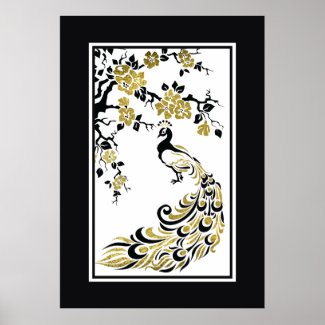 Black, faux gold foil peacock and cherry blossoms poster