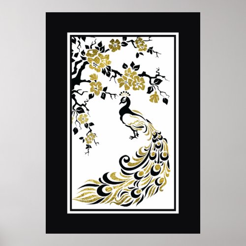 Black faux gold foil peacock and cherry blossoms poster