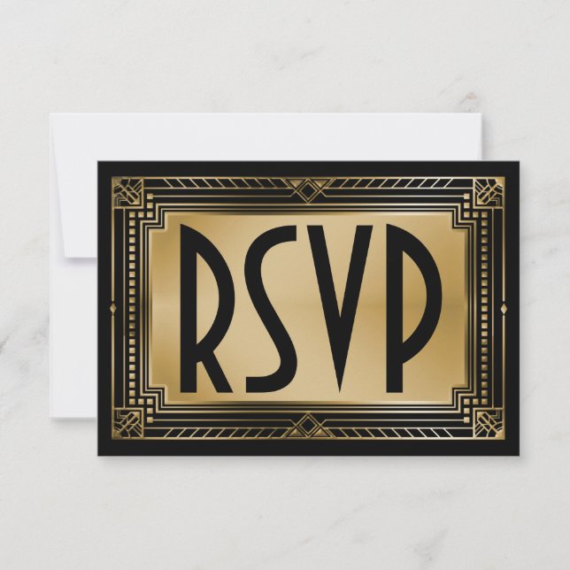 Black & Faux Gold Gatsby Geometric Wedding RSVP (Front)
