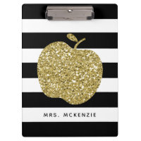 Black & Faux Gold Glitter Apple Teacher Clipboard
