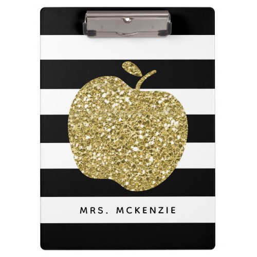 Black  Faux Gold Glitter Apple Teacher Clipboard