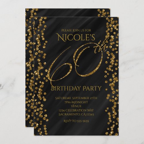 Black  Faux Gold Glitter Glam 60 60th Birthday Invitation