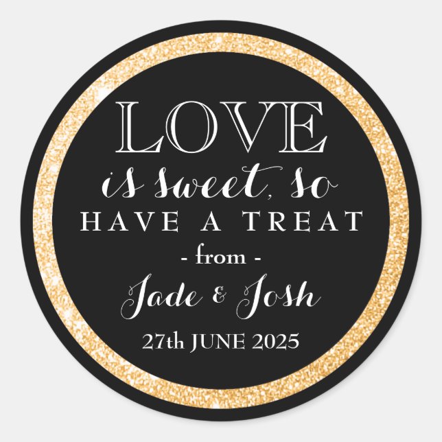 Black Faux Gold Glitter Love is Sweet Wedding Classic Round Sticker (Front)