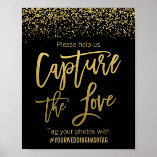 Black Faux Gold Glitter Wedding Hashtag Sign