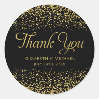 Black Faux Gold Glitter Wedding Thank You Classic Round Sticker