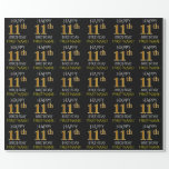 [ Thumbnail: Black, Faux Gold "Happy 11th Birthday" Wrapping Paper ]