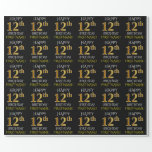 [ Thumbnail: Black, Faux Gold "Happy 12th Birthday" Wrapping Paper ]