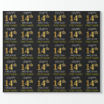 [ Thumbnail: Black, Faux Gold "Happy 14th Birthday" Wrapping Paper ]