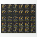 [ Thumbnail: Black, Faux Gold "Happy 15th Birthday" Wrapping Paper ]