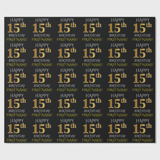 Black, Faux Gold "HAPPY 15th BIRTHDAY" Wrapping Paper (Flat)