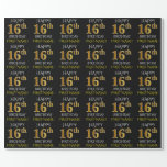 [ Thumbnail: Black, Faux Gold "Happy 16th Birthday" Wrapping Paper ]
