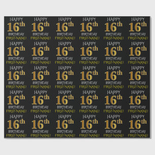 Black, Faux Gold "HAPPY 16th BIRTHDAY" Wrapping Paper