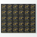[ Thumbnail: Black, Faux Gold "Happy 24th Birthday" Wrapping Paper ]