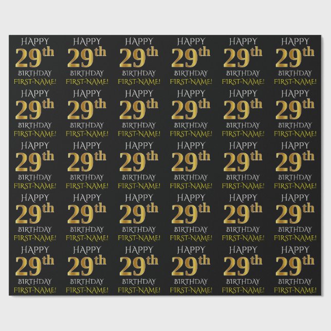 Black, Faux Gold "HAPPY 29th BIRTHDAY" Wrapping Paper (Flat)