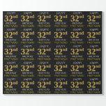 [ Thumbnail: Black, Faux Gold "Happy 32nd Birthday" Wrapping Paper ]