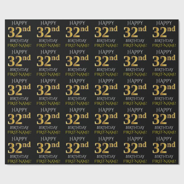 Black, Faux Gold "HAPPY 32nd BIRTHDAY" Wrapping Paper (Flat)
