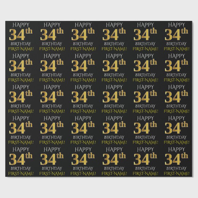 Black, Faux Gold "HAPPY 34th BIRTHDAY" Wrapping Paper (Flat)