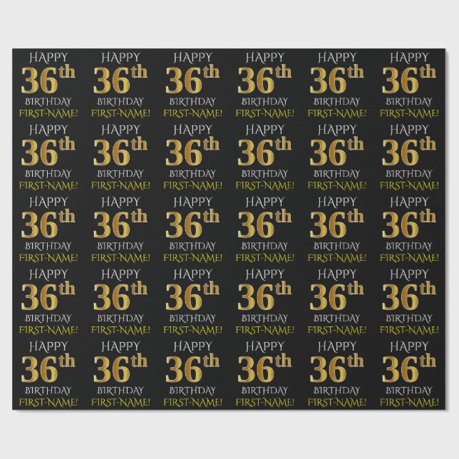 Black, Faux Gold "HAPPY 36th BIRTHDAY" Wrapping Paper (Flat)