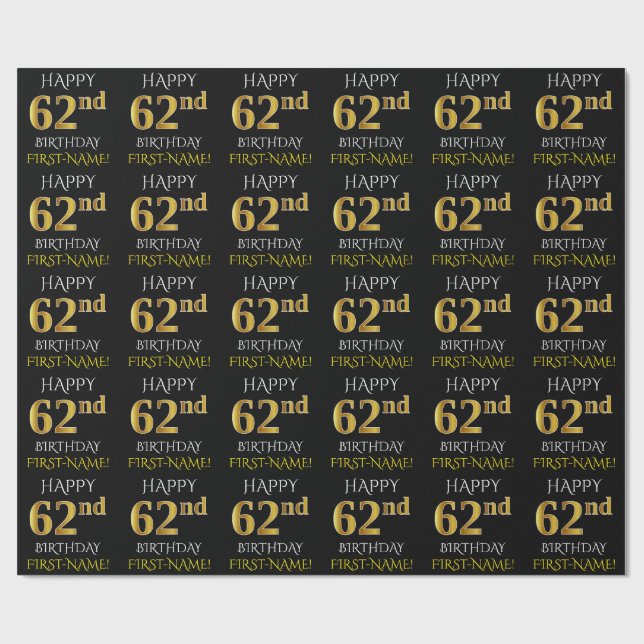 Black, Faux Gold "HAPPY 62nd BIRTHDAY" Wrapping Paper (Flat)