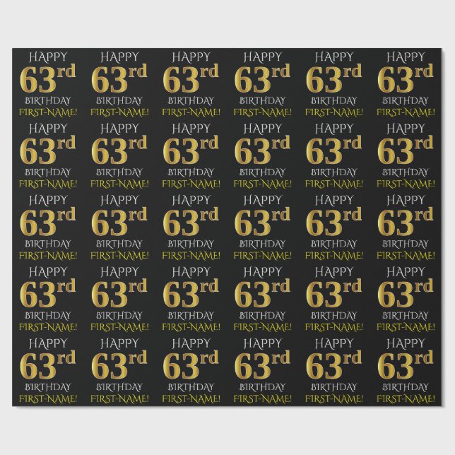 Black, Faux Gold "HAPPY 63rd BIRTHDAY" Wrapping Paper (Flat)