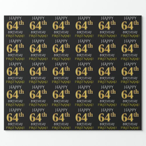 Black Faux Gold HAPPY 64th BIRTHDAY Wrapping Paper