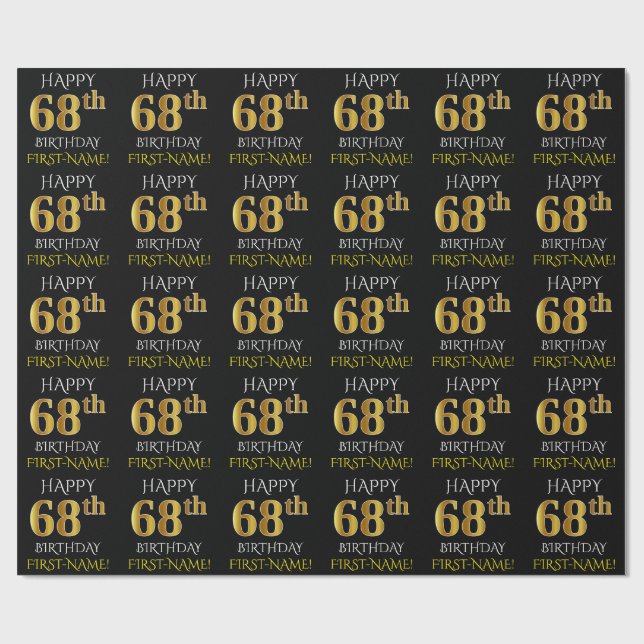 Black, Faux Gold "HAPPY 68th BIRTHDAY" Wrapping Paper (Flat)