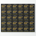 [ Thumbnail: Black, Faux Gold "Happy 80th Birthday" Wrapping Paper ]