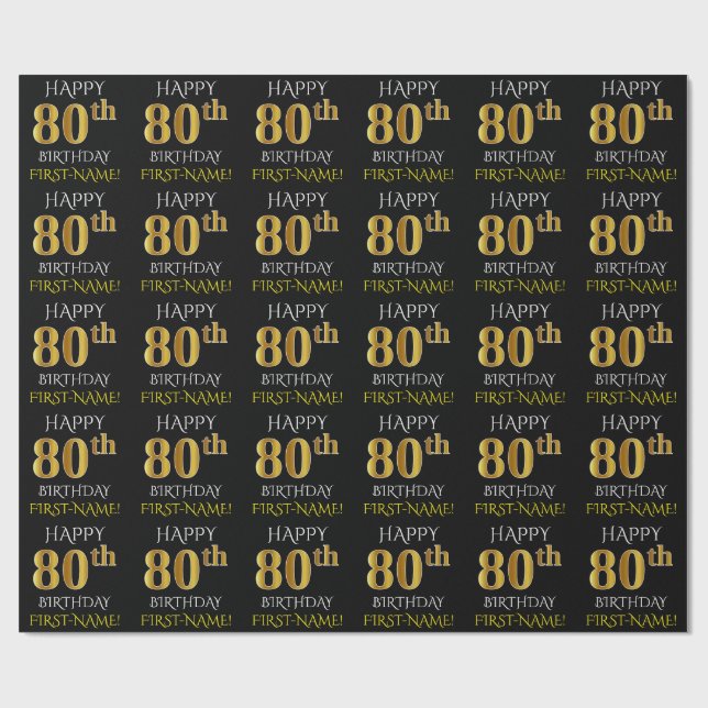 Black, Faux Gold "HAPPY 80th BIRTHDAY" Wrapping Paper (Flat)