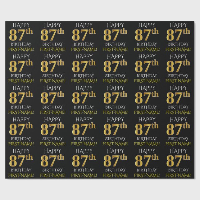 Black, Faux Gold "HAPPY 87th BIRTHDAY" Wrapping Paper (Flat)