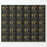 [ Thumbnail: Black, Faux Gold "Happy 91st Birthday" Wrapping Paper ]