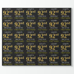 [ Thumbnail: Black, Faux Gold "Happy 92nd Birthday" Wrapping Paper ]
