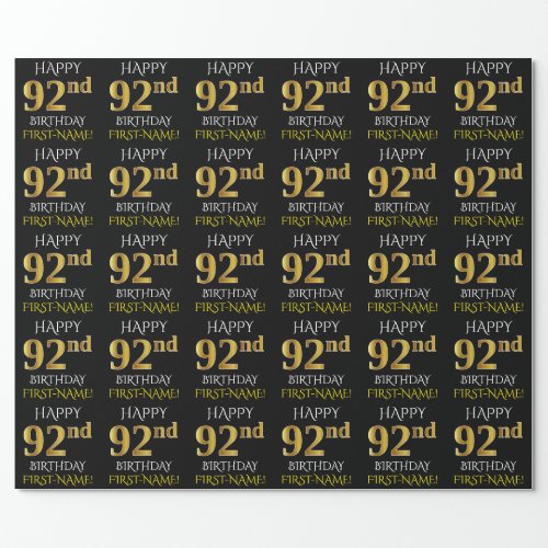 Black Faux Gold HAPPY 92nd BIRTHDAY Wrapping Paper