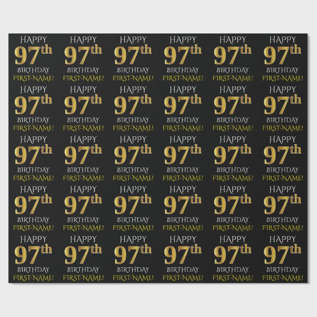Black, Faux Gold "HAPPY 97th BIRTHDAY" Wrapping Paper (Flat)